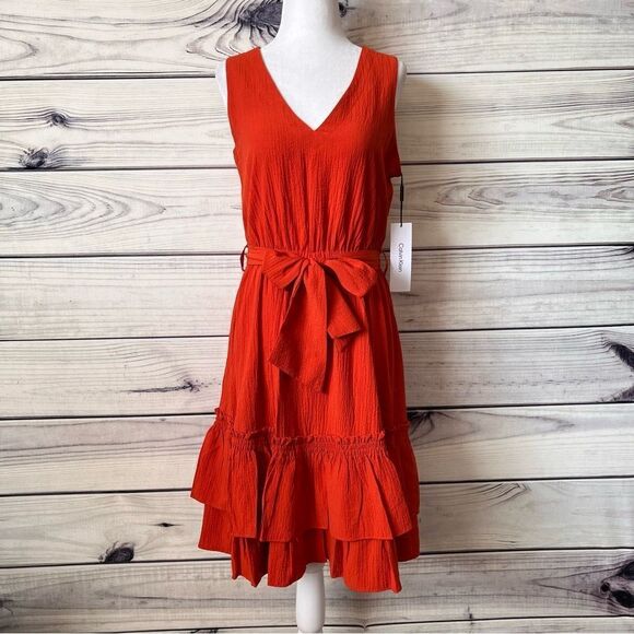 Calvin Klein Rust Orange-Red V Neck Sleeveless Ruffle Flare Dress - Picture 1 of 9